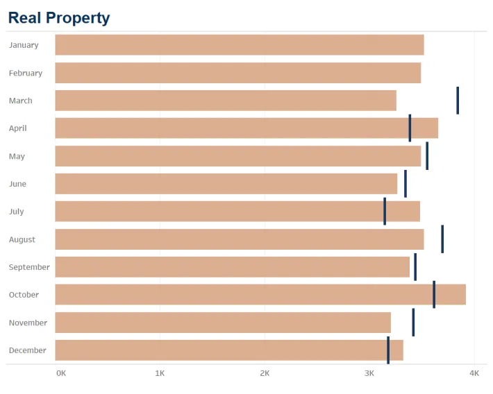 bar graph showing 2023 and 2024 real property cases filed by month