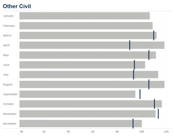 bar graph showing 2023 and 2024 other civil cases filed by month