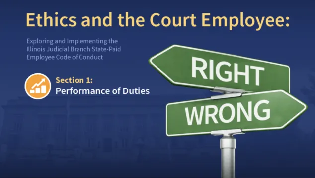 Ethics and court employee performance with right and wrong signs