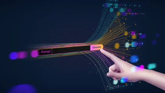 Hand pressing a digital "Generate" button on prompt input.