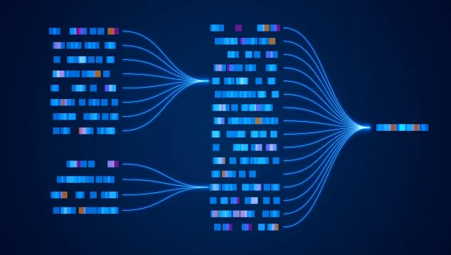  A futuristic graphic illustration depicting data and AI concepts, with blue blocks representing big data, neural networks, and machine learning in an analytical flow.