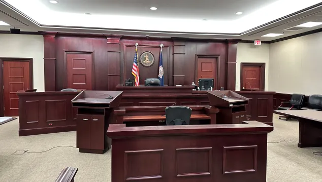 Photo of interior of courtroom in Montgomery County, Va.
