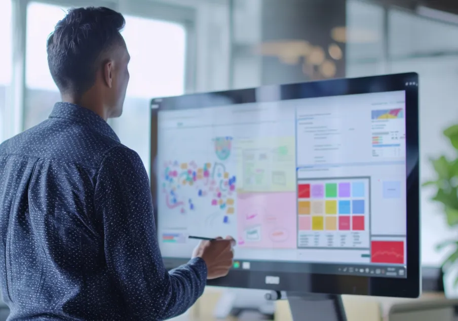 Man interacting with digital touchscreen displaying colorful charts