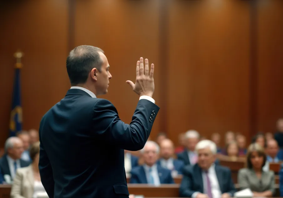 Man raising hand to testify in courtroom before jury