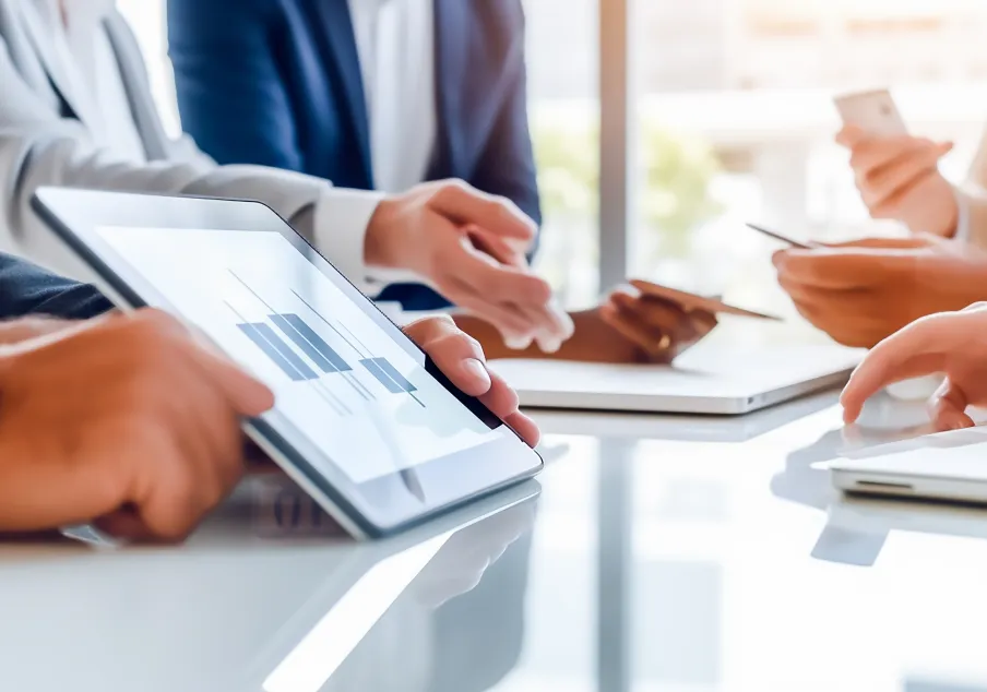 Team of professionals analyzing data on digital devices