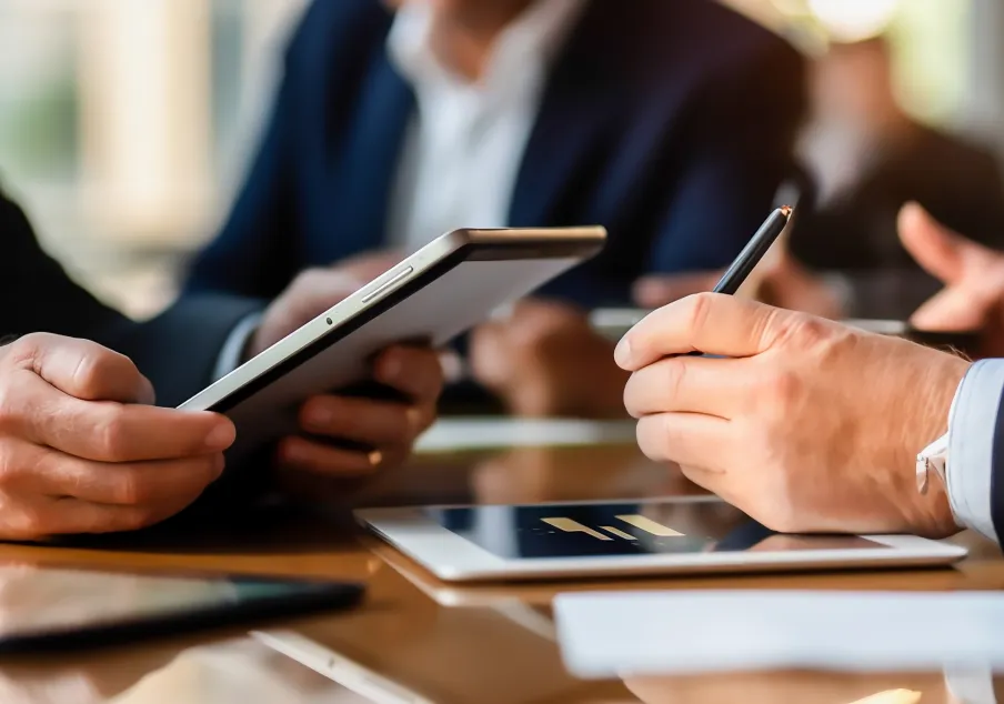 Two business professionals using tablets in meeting