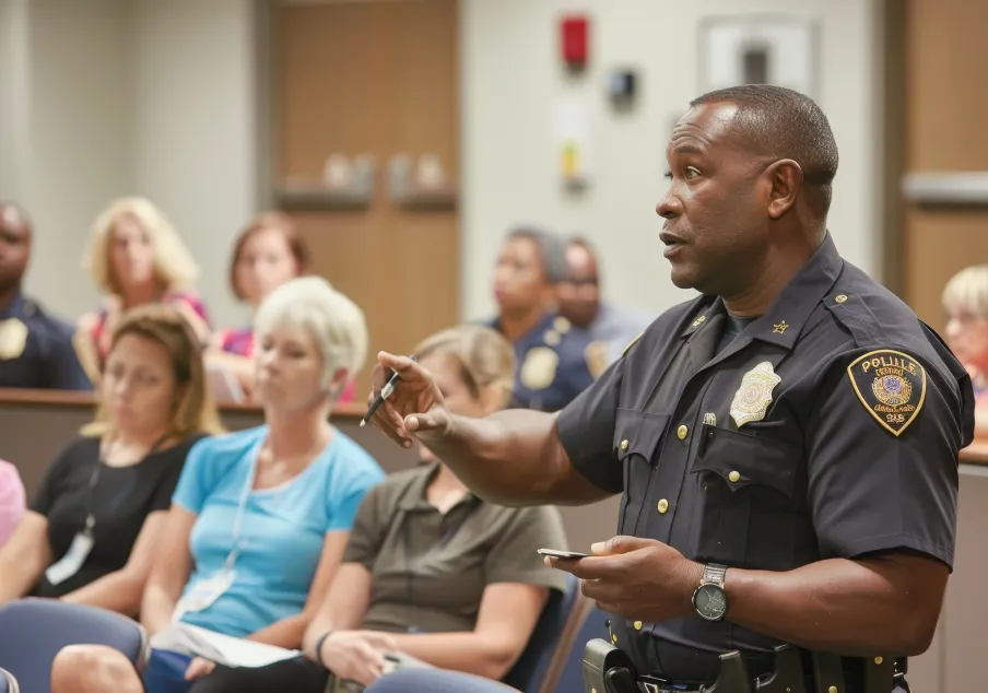 Police officer speaking to court audience in courtroom setting