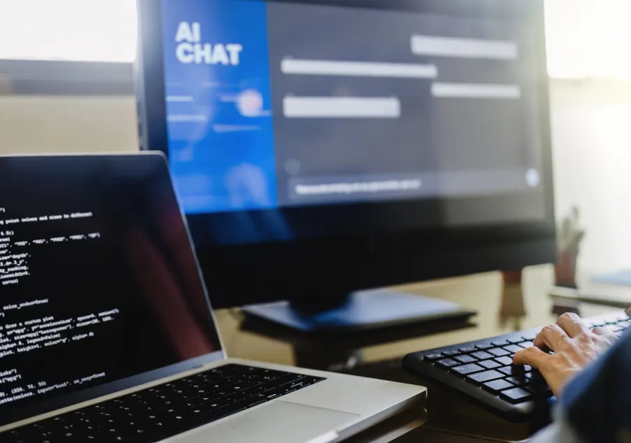 photo of computer monitors & AI chat window