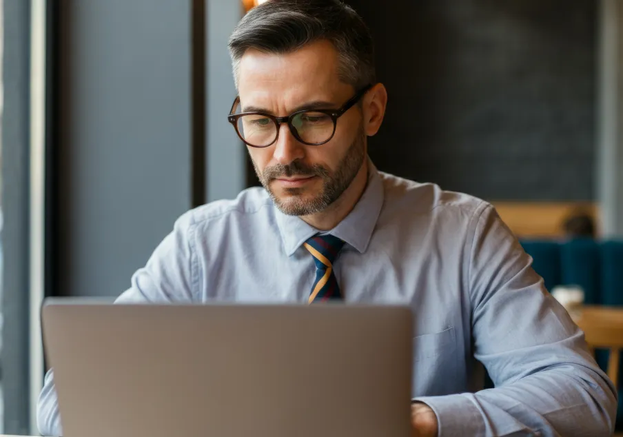 Man in glasses working on laptop in coffee shop