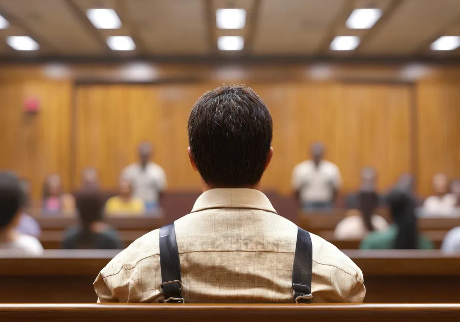 Man sitting in courtroom facing jury and witnesses