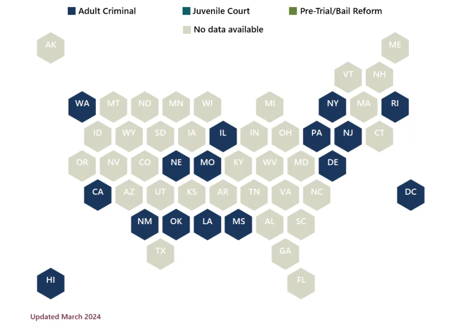 Map showing Adult Criminal Fees and Fines Reform by state