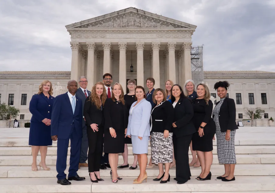 Group of diverse professionals standing on steps in front of courthouse