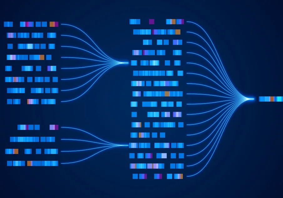 A futuristic graphic illustration depicting data and AI concepts, with blue blocks representing big data, neural networks, and machine learning in an analytical flow.
