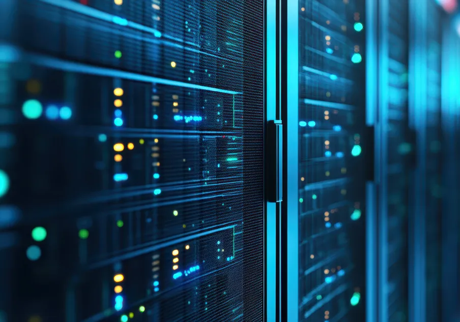 Close-up of illuminated server racks in data center.