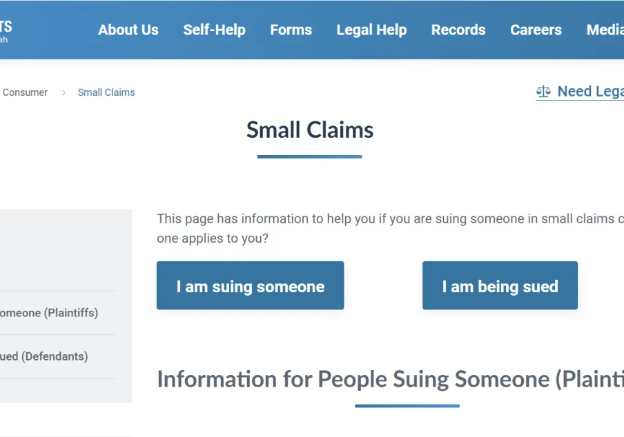 Utah State Courts Small Claims information page choices