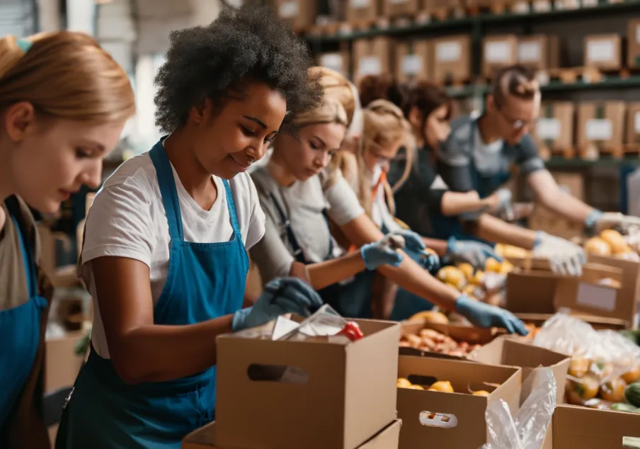 Volunteers packing food boxes in community service event