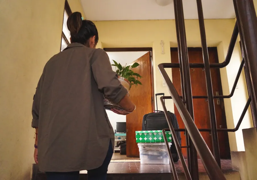 Person carrying plant upstairs into new apartment