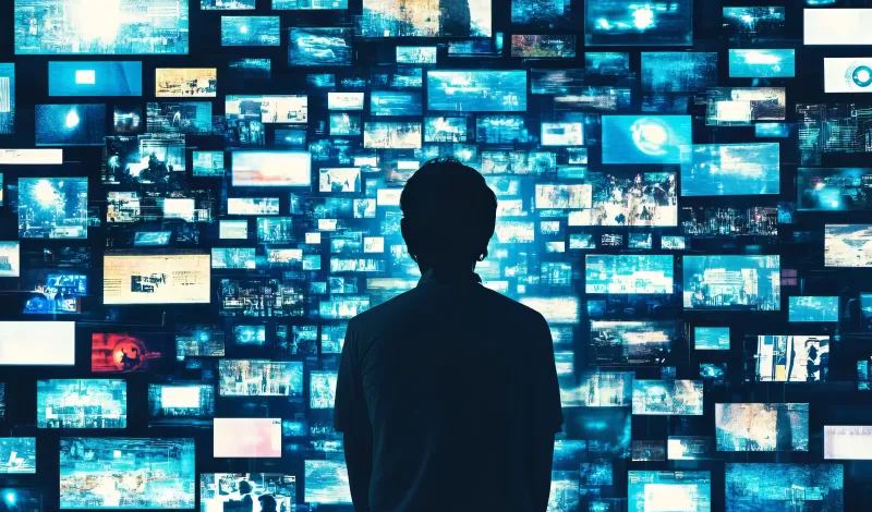 Person looking at wall of monitors and screens
